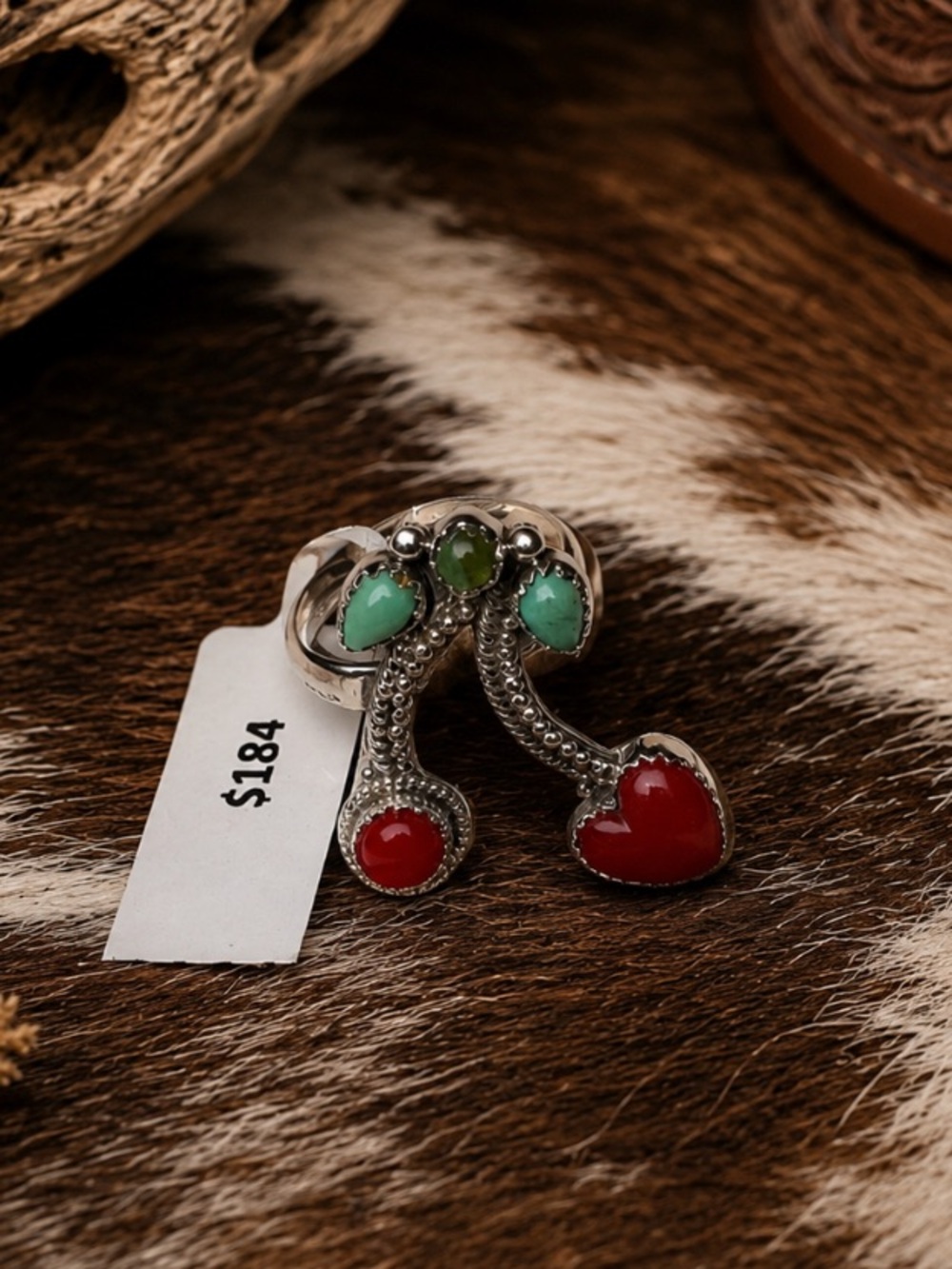 🍒🍒 Sterling Silver Rosarita & Mojave Turquoise Ring in the Shape of 🍒🍒